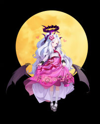 Rule 34 | 1girl, absurdres, ahoge, alternate costume, alternate hairstyle, black halo, blue archive, breasts, demon girl, demon horns, demon wings, dress, full body, full moon, halo, heart, highres, hina (blue archive), horns, ing (ingdoingdoo), long hair, looking at viewer, moon, pink dress, purple eyes, small breasts, solo, standing, thighhighs, white hair, white thighhighs, wings
