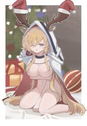 1girl ;o animal_ears antlers antlers_through_hood arknights ball blonde_hair blush border box breasts cape christmas christmas_present christmas_tree cleavage convenient_censoring deer_antlers deer_ears deer_girl ears_through_hood fur-trimmed_headwear fur_trim gift gift_box groin hair_censor hair_over_breasts hat hat_on_antlers highres horns large_breasts long_hair looking_at_viewer naked_cape navel newnigh one_eye_closed open_mouth outside_border pom_pom_(clothes) purple_eyes red_cape red_hat santa_hat sitting solo two-sided_cape two-sided_fabric very_long_hair viviana_(arknights) wariza white_border white_cape