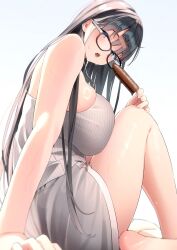 1girl barefoot black-framed_eyewear black_hair blue_eyes blush breasts commentary_request food glasses grey_shorts grey_tank_top hair_ornament hairclip highres holding holding_food holding_popsicle large_breasts looking_at_viewer nen_0405 open_mouth original popsicle ribbed_tank_top short_shorts shorts simple_background sitting sweat tank_top