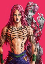 1boy 1other abs absurdres argyle_skin arm_tattoo clenched_teeth commentary commentary_request diavolo epitaph_(jojo) fishnet_top fishnets gloves green_eyes highres jojo_no_kimyou_na_bouken kaib0y king_crimson_(stand) long_hair makeup male_focus muscular pants parted_lips pectorals pink_background pink_hair purple_lips purple_pants stand_(jojo) tattoo teeth topless_male vento_aureo white_gloves wristband