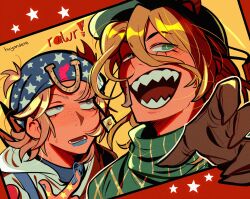2boys absurdres blonde_hair blue_eyes blue_hat blue_lips blue_nails bright_pupils brown_gloves clawed_gauntlets commentary diego_brando english_commentary freckles gloves green_eyes green_helmet green_sweater hair_between_eyes hat helmet highres hood hood_down hoodie horseshoe horseshoe_hat_ornament huyandere johnny_joestar jojo_no_kimyou_na_bouken looking_at_viewer medium_hair multiple_boys open_mouth red_background sharp_teeth short_hair smile star_(symbol) star_print steel_ball_run sweater teeth turtleneck turtleneck_sweater white_hoodie white_pupils