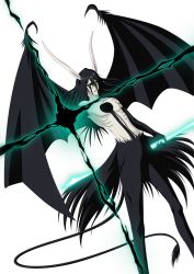1boy arrancar attack bat_wings black_hair bleach bleach:_brave_souls bleach_bankai_battle claws colored_skin demon_wings energy expressionless facial_mark fur green_eyes hair_between_eyes highres holding holding_weapon horns official_art resurreccion resurreccion:_segunda_etapa simple_background solo standing tail tattoo topless_male ulquiorra_cifer weapon white_background white_skin wings