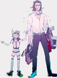 Rule 34 | 1boy, 1girl, 75sndnbsg, :/, alternate costume, bag, bare shoulders, belt, black pants, black shoes, bleach, brown hair, casual, closed mouth, collared shirt, contemporary, coyote starrk, demon horns, dress shirt, eyepatch, fake horns, forehead, frown, full body, green hair, grey background, grey belt, hair between eyes, hat, height difference, holding, holding bag, horns, index finger raised, lilynette gingerbuck, long sleeves, looking at another, looking up, mature male, medium hair, motion lines, one eye covered, pants, peaked cap, pointing, red eyes, shirt, shirt tug, shoes, shopping bag, shorts, side-by-side, simple background, sneakers, standing, thighhighs, tsurime, v-shaped eyebrows, vest, white hat, white shirt, white shorts, white thighhighs, white vest, zettai ryouiki