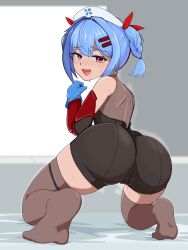 1girl alternate_costume artist_request ass ass_focus bare_shoulders bike_shorts black_shorts blue_hair blush braid colphne_(girls&#039;_frontline_2) colphne_(silent_heart)_(girls&#039;_frontline_2) come_hither elbow_gloves from_behind girls&#039;_frontline girls&#039;_frontline_2:_exilium gloves hat huge_ass kneeling long_hair looking_at_viewer looking_back naughty_face open_mouth red_eyes short_shorts shorts side_ponytail smile solo sweat thick_thighs thighhighs thighs