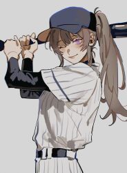 1girl akmizuk baseball_bat baseball_uniform blush brown_hair closed_mouth commentary grey_background hands_up highres holding holding_baseball_bat layered_sleeves long_hair long_sleeves one_eye_closed ponytail purple_eyes sendai_hazuki shirt short_over_long_sleeves short_sleeves shuuniichido_classmate_wo_kau_hanashi simple_background smile solo sportswear white_shirt