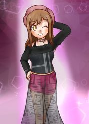 1girl ;) artist_name artist_request bare_legs beamed_quavers beret black_shirt blouse blush breasts brown_eyes brown_hair choker collarbone dress dress_shirt female_focus frilled_choker frills fur-trimmed_sleeves fur_trim hair_between_eyes hand_on_own_head hand_on_own_hip hat highres kunikida_hanamaru light_brown_hair long_hair long_sleeves looking_at_viewer love_live! love_live!_school_idol_festival love_live!_sunshine!! one_eye_closed pants parted_lips pink_choker purple_background purple_hat purple_pants purple_shorts quaver shirt shorts small_breasts smile solo sparkle star_(symbol) star_print teeth vanilla_kunikida vanilla_nishiki wink yellow_eyes