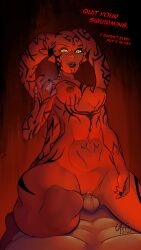 Rule 34 | 1girl, 2023, abs, alien, biceps, breasts, chest tattoo, cleavage, clenched teeth, colored skin, completely nude, cowgirl position, cravingsfree, curvy, darth talon, dated, english text, erection, evil grin, evil smile, facial tattoo, fingernails, girl on top, grin, hetero, highres, holding, holding weapon, imminent penetration, lekku (anatomy), licking lips, lips, looking at viewer, nude, open mouth, pelvic curtain, penis, pussy, red background, red eyes, see-through clothes, see-through pelvic curtain, sex, shoulder tattoo, signature, simple background, sitting, sitting on person, smile, star wars, star wars: legacy, straddling, tattoo, teeth, tongue, tongue out, twi&#039;lek, twitter username, weapon, wide hips, yellow eyes
