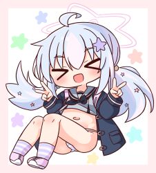 &gt;_&lt; 1girl :d ahoge black_neckerchief blue_archive blue_hair blue_jacket blush border chibi closed_eyes commentary_request double_v facing_viewer full_body grey_sailor_collar grey_shirt hair_between_eyes hair_ornament halo hana_kazari hands_up highres jacket low_twintails multicolored_hair navel neckerchief no_pants open_clothes open_jacket open_mouth panties pink_border pink_hair pink_shoes reisa_(blue_archive) sailor_collar school_uniform serafuku shirt shoes smile socks solo star_(symbol) star_hair_ornament striped_clothes striped_panties striped_socks twintails two-tone_hair underwear v white_background xd