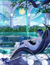1girl aqua_nails artist_name black_cat black_hair book cat chair closed_eyes closed_mouth commentary_request dress full_body fuzichoco highres holding holding_book medium_dress multicolored_hair original planetary_ring profile shoes short_hair sitting smile solo twitter_username unworn_shoes watermark white_dress