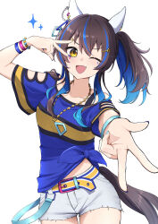 1girl absurdres animal_ears bead_bracelet beads belt blue_hair blue_nails blue_shirt bracelet breasts brown_hair colored_inner_hair daitaku_helios_(umamusume) double_w ear_covers ear_piercing facial_tattoo fang fingernails hair_between_eyes hair_ornament hairclip highres horse_ears horse_girl horse_tail jewelry looking_at_viewer medium_breasts medium_hair multicolored_hair nail_polish necklace one_eye_closed open_mouth piercing sayosayo-0 shirt shorts simple_background skin_fang solo streaked_hair striped_clothes striped_shirt tail tattoo umamusume w white_background white_shorts yellow_belt yellow_eyes