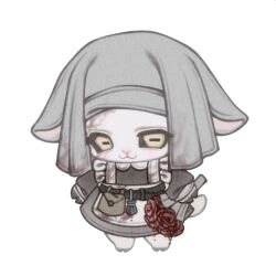 1girl :3 apron black_dress black_sclera blood blood_on_clothes blood_on_face bouquet character_request chinese_commentary closed_mouth collared_dress colored_sclera commentary_request dress elden_ring flower furry furry_female grey_headscarf headscarf holding holding_bouquet red_flower red_rose rose simple_background smile solo white_apron white_background yellow_eyes yigeweiren607