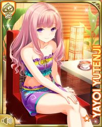 1girl breasts card_(medium) character_name closed_mouth day girlfriend_(kari) hair_ornament indoors looking_at_viewer medium_breasts medium_hair midriff official_art pink_hair purple_eyes qp:flapper shirt shorts sitting smile solo spa tagme teacher yutenji_yayoi