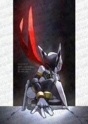 1boy armor black_armor black_helmet forehead_jewel full_body glowing glowing_eyes helmet hidden_phantom_(mega_man) holding holding_knife knife kunai male_focus mega_man_(series) mega_man_zero_(series) ninja red_eyes solo twitter_username watermark weapon yamanashi_taiki