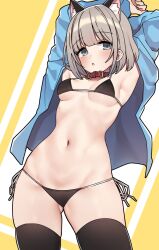 1girl aa211108 animal_ears armpits arms_up bikini black_bikini black_thighhighs blue_eyes blue_shirt blunt_bangs blush breasts cat_ears cowboy_shot dot_nose fake_animal_ears grey_hair groin highres idolmaster idolmaster_shiny_colors idolmaster_shiny_colors_song_for_prism long_sleeves looking_at_viewer micro_bikini open_clothes open_shirt parted_lips serizawa_asahi shirt short_hair side-tie_bikini_bottom sidelocks skindentation small_breasts solo swimsuit thighhighs two-tone_background