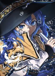 1girl blue_eyes blue_hair braid brown_cloak cloak closed_mouth commentary crossed_bangs hat highres holding holding_staff komugi_(inu1_1one) large_hat long_braid long_hair long_sleeves looking_at_viewer mage_staff mushoku_tensei roxy_migurdia shirt splashing staff twin_braids upper_body water white_shirt witch_hat