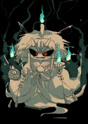 Rule 34 | 1other, androgynous, angry, aodo mikan, black background, black sclera, blue fire, bow, bowtie, burabura, candle on head, colored sclera, dagger, demon horns, fake horns, fangs, fire, full body, furrowed brow, ghost tail, gleam, hair ornament, hairband, hairpin, highres, holding, holding dagger, holding knife, holding weapon, horns, japanese clothes, kimono, knife, len&#039;en, light particles, long hair, long sleeves, looking at viewer, maid headdress, mouth guard, multiple hairpins, notice lines, other focus, partially colored, pom pom (clothes), red eyes, sleeve ribbon, smoke, solo, striped bow, striped bowtie, striped clothes, taira no chouki, tassel, v-shaped eyebrows, very long hair, weapon, wide sleeves