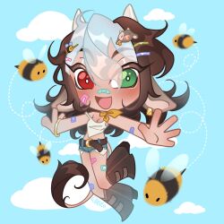 animal_ear_piercing animal_ears bandaid bandaid_on_arm bandaid_on_cheek bandaid_on_face bandaid_on_leg bandaid_on_nose bare_arms bee bee_hair_ornament belt belt_buckle blue_shorts blue_sky boots bracelet breasts bright_pupils brown_belt brown_boots brown_hair buckle bug cleavage cloud commentary commission cow_ears cow_girl cow_hair_ornament cow_horns cow_tail cropped_shirt dark-skinned_female dark_skin denim denim_shorts dotted_line english_commentary eyes_visible_through_hair floating gold_bracelet gold_buckle green_eyes hair_between_eyes hair_ornament hairclip hapymaher heterochromia high_heel_boots high_heels highres horns insect jewelry knee_boots leg_up light_blush long_hair medium_breasts midriff multicolored_hair open_mouth original red_eyes scarf short_shorts shorts signature sky smile strap_slip tail tank_top two-tone_hair white_hair white_horns white_pupils white_tank_top wikate yellow_scarf