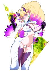 Rule 34 | 1girl, blonde hair, blue eyes, breasts, cameltoe, cleavage, cowboy shot, diabellze the original sinkeeper, duel monster, earrings, high ponytail, jewelry, large breasts, long hair, maebari, multicolored hair, ponytail, purple hair, revealing clothes, seisei neko, simple background, solo, two-tone hair, very long fingernails, white background, yu-gi-oh!