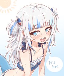 1girl ameneko_kuro bare_shoulders blue_eyes blue_hair blunt_bangs blush breasts english_text fins fish_tail gawr_gura grey_hair hair_ornament highres hololive hololive_english long_hair looking_at_viewer multicolored_hair official_alternate_costume open_mouth revision shark_girl shark_hair_ornament shark_tail sharp_teeth small_breasts solo streaked_hair swimsuit tail teeth tongue tongue_out two_side_up upper_body virtual_youtuber