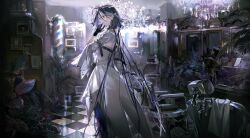 1girl absurdres adela_(path_to_nowhere) ahoge arm_strap back_cutout black_gloves chair chandelier checkered_floor clothing_cutout dress earrings gloves highres indoors jewelry jingmi long_hair long_sleeves looking_afar mirror multicolored_hair parted_lips path_to_nowhere picture_frame plant potted_plant purple_hair standing streaked_hair white_dress
