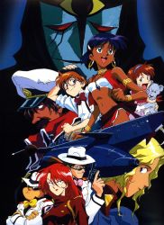 1990s_(style) 4boys 4girls armband armlet bandeau blonde_hair blue_eyes blue_hair bracelet brown_hair dark_skin electra_(nadia) facial_hair freckles fushigi_no_umi_no_nadia gargoyle_(nadia) glasses grandis_granva gun hairband hanson hat highres jean_roque_lartigue jean_roque_raltique jewelry king king_(nadia) lion loincloth long_hair marie_en_carlsberg midriff military military_uniform multiple_boys multiple_girls mustache nadia_la_arwall nautilus neck_ring necklace nemo_(nadia) open_mouth peaked_cap red_hair retro_artstyle sanson_(nadia) scan short_hair strapless sunglasses tube_top vest weapon