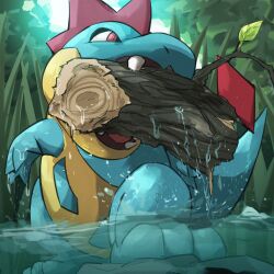 Rule 34 | absurdres, croconaw, day, gen 2 pokemon, highres, log, nintendo, no humans, outdoors, pokemon, pokemon (creature), red eyes, sharp teeth, solo, spicyichizo, teeth, water