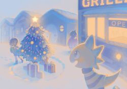 Rule 34 | 1other, 2boys, ^ ^, absurdres, box, brown hair, building, christmas tree, closed eyes, colored skin, frisk (undertale), gift, gift box, happy, highres, holding, holding box, holding gift, house, kiriyume, monster kid (undertale), multiple boys, open mouth, outdoors, politics bear, short hair, sign, signature, smile, snow, standing, star (symbol), storefront, tail, twitter username, undertale, yellow skin