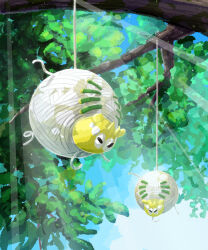 Rule 34 | animal focus, bug, full body, highres, in tree, leaf, nintendo, no humans, outdoors, pokemon, pokemon (creature), pokemon focus, silk, sunlight, tarountula, tree, upside-down, zousui (zousuioishii)