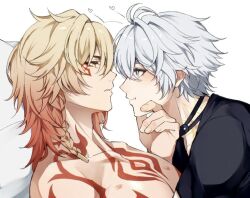 2boys antenna_hair black_choker black_shirt blonde_hair blue_eyes blush braid chest_tattoo choker dki_hti eye_contact facial_tattoo gradient_hair hair_between_eyes hand_on_another&#039;s_chin hashtag-only_commentary honkai:_star_rail honkai_(series) looking_at_another male_focus medium_hair multicolored_hair multiple_boys mydei_(honkai:_star_rail) neck_tattoo phainon_(honkai:_star_rail) red_hair red_tattoo shirt short_hair side_braid simple_background sun_symbol sun_tattoo tan tattoo topless_male white_background white_hair yaoi yellow_eyes