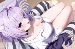 1boy 1girl :3 absurdres ahoge ai_(u_e_o_o) animal_ears belt belt_collar black_belt black_choker black_collar blush breasts cat_choker cat_ears cat_girl choker cleavage collar empty_eyes fingernails from_above highres hololive large_breasts long_sleeves medium_hair nail_polish necktie nekomata_okayu nekomata_okayu_(membership) nekomata_okayu_(oversized_shirt) nose official_alternate_costume open_mouth purple_eyes purple_hair purple_nails purple_necktie shirt signature sleeves_past_wrists smile solo_focus thighs virtual_youtuber white_shirt