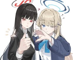2girls ;) ? absurdres black_hair black_jacket blazer blue_archive blue_eyes blue_hair blue_nails blunt_bangs blush breasts commentary_request hair_ornament halo heart heart_hair_ornament heart_hands_failure highres jacket large_breasts long_hair looking_at_viewer multicolored_hair multiple_girls musical_note one_eye_closed parted_lips ponpokotan red_eyes ringed_eyes rio_(blue_archive) simple_background smile sweater toki_(blue_archive) toki_(school_uniform)_(blue_archive) turtleneck turtleneck_sweater two-tone_hair v white_background white_sweater