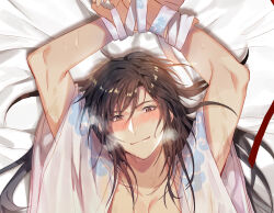 Rule 34 | 1boy, alternate costume, alternate hairstyle, arms up, bdsm, bed sheet, black hair, blush, bondage, bound, bound wrists, breath, brown eyes, brown hair, chinese clothes, closed mouth, collarbone, hair down, hanfu, heavy breathing, highres, implied yaoi, jujeop, long hair, looking at viewer, lying, male focus, modao zushi, on back, on bed, open clothes, open robe, pectoral cleavage, pectorals, red ribbon, ribbon, ribbon bondage, robe, smile, solo, sweat, upper body, wei wuxian, white hanfu, white ribbon, wide sleeves