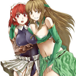 Rule 34 | 00s, 2girls, aria (seiken no blacksmith), arm around neck, blush, breast press, breasts, brown hair, cecily cambell, cleavage, detached sleeves, enu (n storage), gloves, grin, hairband, impossible clothes, impossible shirt, large breasts, leotard, midriff, multiple girls, navel, open mouth, red eyes, red hair, seiken no blacksmith, shirt, simple background, smile, surprised, yellow eyes