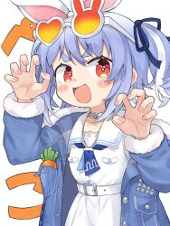 1girl :d absurdres agata_(yfw1110) animal_ears blue_hair blue_neckerchief blue_ribbon blush_stickers carrot choker claw_pose coat commentary_request dress eyewear_on_head fur-trimmed_coat fur-trimmed_sleeves fur_trim hair_ribbon hands_up heart heart-shaped_eyewear highres hololive long_sleeves looking_at_viewer neckerchief open_clothes open_coat open_mouth rabbit-shaped_eyewear rabbit_ears red_eyes ribbon short_hair simple_background smile solo thick_eyebrows upper_body usada_pekora v-shaped_eyebrows virtual_youtuber white_background white_choker white_dress