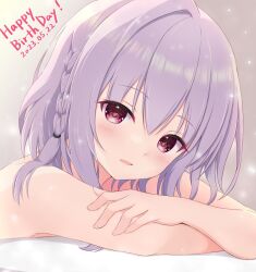 1boy 2023 :d asuka_minato bare_arms blue_hair blush braid close-up commentary_request crossed_arms dated eyes_visible_through_hair grey_background hair_between_eyes happy happy_birthday highres light_particles looking_at_viewer male_focus medium_hair open_mouth otome_domain p-man_mk-2 red_eyes side_braid simple_background single_braid single_hair_intake smile solo tsurime