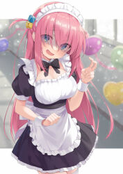 1girl apron black_bow black_bowtie black_dress blue_eyes blurry blurry_background blush bocchi_the_rock! bow bowtie breasts cleavage collar cowboy_shot cube_hair_ornament detached_collar detached_sleeves dress embarrassed frilled_apron frilled_dress frills gotoh_hitori hair_ornament hair_over_eyes half_updo hand_up head_tilt highres large_breasts letterboxed long_hair looking_at_viewer maid maid_headdress one_side_up open_mouth pink_hair puffy_short_sleeves puffy_sleeves raised_inner_eyebrows short_dress short_sleeves smile solo straight_hair sweat thighhighs v very_long_hair white_apron white_collar white_thighhighs yuki_(t-yamayamaji43)