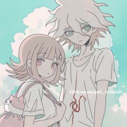 1boy 1girl :o animal_bag breasts brown_hair cat_bag collared_shirt danganronpa_(series) danganronpa_2:_goodbye_despair flipped_hair galaga hair_ornament komaeda_nagito komanami_kawaii medium_hair nanami_chiaki neck_ribbon no_jacket outdoors pink_eyes pink_ribbon ribbon shirt smile spaceship_hair_ornament white_shirt