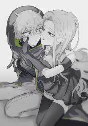 2girls 4okan23 alien_stage cloak dress dual_persona elbow_gloves gloves hand_on_another&#039;s_face highres hood hood_up hooded_cloak long_hair mizi_(alien_stage) multiple_girls short_hair smile spot_color thighhighs very_long_hair