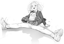 Rule 34 | 1girl, :d, bare legs, blazer, blush, collared shirt, greyscale, highres, jacket, long hair, looking at viewer, making-of available, masuda (yousaytwosin), miniskirt, monochrome, neck ribbon, open clothes, open jacket, open mouth, original, panties, pantyshot, pleated skirt, ribbon, school uniform, shirt, shoes, signature, skirt, smile, socks, solo, split, sweater vest, underwear, wind, wind lift, wing collar