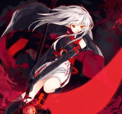 Rule 34 | 1girl, cape, elf, female focus, long hair, orange eyes, pixiv fantasia, pixiv fantasia 5, pointy ears, red eyes, scythe, solo, white hair, zeko