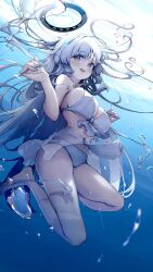 1girl :d air_bubble alternate_costume bare_legs barefoot bikini blue_archive blue_nails blush breasts bubble caff_(aosui9) commentary_request eyelashes eyes_visible_through_hair floating_hair full_body glint halo hands_up headgear highres large_breasts long_hair looking_at_viewer mechanical_halo nail_polish navel noa_(blue_archive) open_mouth purple_eyes sideboob sidelocks skindentation smile solo submerged swimsuit tareme thighs underwater very_long_hair white_bikini white_hair white_halo
