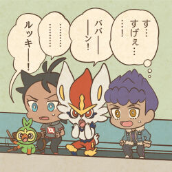 Rule 34 | 2boys, :o, antenna hair, black hair, black pants, black shirt, blue eyes, blue jacket, branch, bright pupils, chibi, cinderace, clenched hands, commentary request, dark-skinned male, dark skin, eyelashes, fangs, gen 8 pokemon, goh (pokemon), grey shirt, grey shoes, grookey, hand on own face, holding, holding branch, hop (pokemon), jacket, male focus, mojacookie, motion blur, motion lines, multiple boys, nintendo, official art, open clothes, open jacket, open mouth, orange eyes, pants, pokemon, pokemon (anime), pokemon (creature), pokemon journeys, purple hair, red socks, second-party source, shirt, shoes, short hair, short sleeves, sitting, smile, socks, speech bubble, sweatdrop, thought bubble, translation request, white pupils, yellow eyes