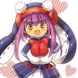 Rule 34 | 1girl, animal hood, bird, blue dress, dress, emil chronicle online, hood, looking at viewer, mittens, open mouth, penguin, penguin girl, penguin hood, pepen alma, purple hair, rakisuke, red mittens, red ribbon, ribbon, smile, upper body, yellow eyes