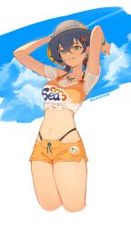 1girl :q absurdres ark_john_up arms_up belle_(zenless_zone_zero) bikini bikini_under_clothes blue_hair breasts brown_hat cropped_legs day green_eyes hat highres jewelry medium_breasts midriff navel necklace orange_bikini orange_shorts shirt shorts solo stomach swimsuit tongue tongue_out white_background white_shirt zenless_zone_zero