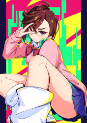 Rule 34 | 1girl, absurdres, ayase momo, blue skirt, blush, bow, bowtie, brown hair, collared shirt, commentary, copyright name, dandadan, earrings, feet out of frame, hair between eyes, highres, jewelry, kami high school uniform, karan koron100, knees up, legs, long sleeves, looking at viewer, loose socks, miniskirt, parted lips, pink sweater, pleated skirt, red bow, red bowtie, red eyes, school uniform, shirt, short hair, sitting, skirt, socks, solo, sweater, thighs, v, white shirt, white socks
