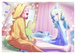 3girls absurdres ahoge border dinosaur_costume from_side hatsune_miku highres kneeling kusanagi_nene looking_at_viewer magnet mishio_(misio_40) multiple_girls nail_polish ootori_emu open_mouth pillow pink_hair project_sekai purple_eyes sitting string_of_flags stuffed_animal stuffed_rabbit stuffed_toy toenail_polish toenails white_border