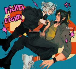 2boys alternate_costume alternate_universe angry artist_name belt black_hair black_jacket black_pants blood blood_on_face blood_on_hands blue_background boots bracelet checkered_background choker chromatic_aberration clenched_hand clenched_teeth commentary contemporary ear_piercing english_text explosion feng_xin fighting glaring grey_eyes grey_hair grey_jacket hair_bun hair_ribbon hand_size_difference highres jacket jewelry lightning_bolt_symbol male_focus medium_hair meru90 mu_qing_(tianguan_cifu) multiple_boys nosebleed on_lap open_mouth pants piercing ponytail red_shirt red_socks ribbon shirt shoes short_hair short_ponytail single_hair_bun size_difference sneakers socks symbol-only_commentary teeth tianguan_cifu watermark yellow_eyes yellow_ribbon yellow_shirt