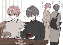 2boys bag black_pants black_sweater blush book brown_coat brown_sweater closed_eyes closed_mouth coat commentary_request cowboy_shot eating food fork grey_hair hair_between_eyes halloween hand_in_pocket highres hiyori_(huzurina_suruba) holding holding_book holding_fork holding_plate huzurina_suruba index_finger_raised indoors long_sleeves looking_at_another looking_at_viewer male_focus muffin multiple_boys open_mouth original pants pink_eyes pink_hair plate shirt short_hair shoulder_bag simple_background speech_bubble sweater table translation_request upper_body white_background white_shirt