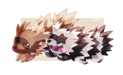 ^_^ artist_name bigglyboof brown_eyes claws closed_eyes commentary creature english_commentary fangs full_body galarian_and_normal galarian_form galarian_zigzagoon gen_3_pokemon gen_8_pokemon looking_at_another nintendo no_humans pokemon pokemon_(creature) running simple_background tongue tongue_out white_background zigzagoon