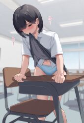 1girl absurdres biting biting_clothes black_hair blue_eyes blue_pants blush bow bow_panties chair classroom collared_shirt crotch_rub desk female_masturbation grey_skirt hair_over_one_eye highres indoors lifting_own_clothes masturbation nagio_(kiona) navel original panties pants school_chair school_desk school_uniform shirt short_hair short_sleeves skirt solo standing table_humping underwear white_shirt window